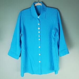 Fridaze Womens Blue Linen Button Up Tunic Top Size Small Coastal Pockets
